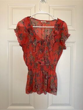 Poetry Coral Floral Semi-Sheer Peplum Blouse - size M